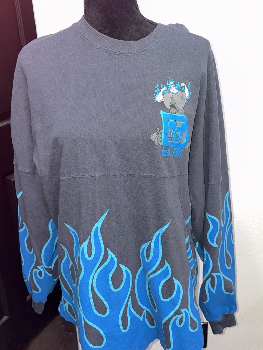Disney Hades Men's Charcoal Crewneck Sweater with Blue Flame Design